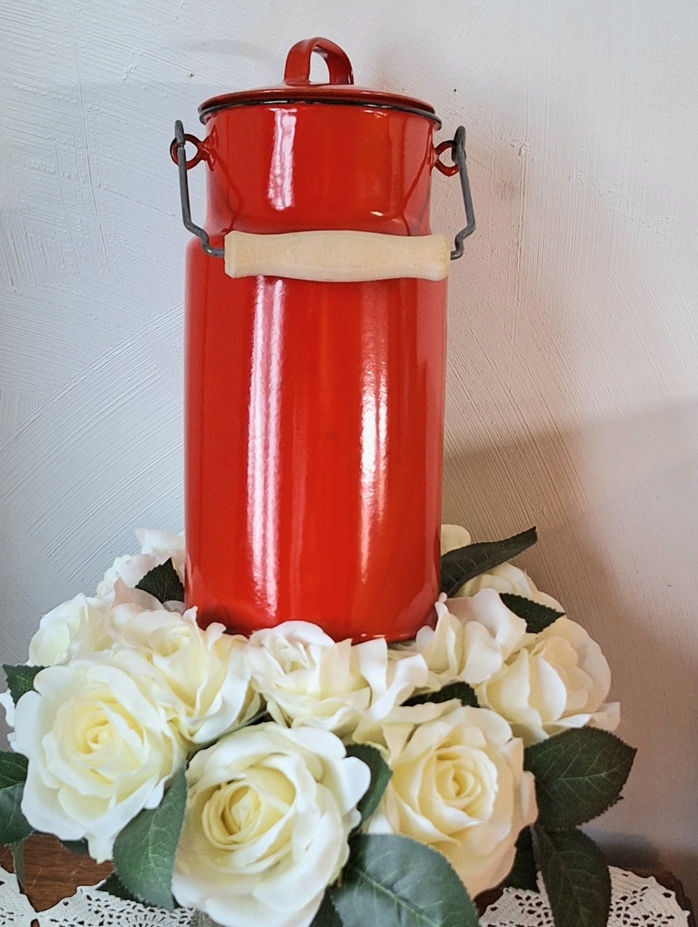 Vintage Made in Poland Enamelware 2L Milk Canister With Wood Handle